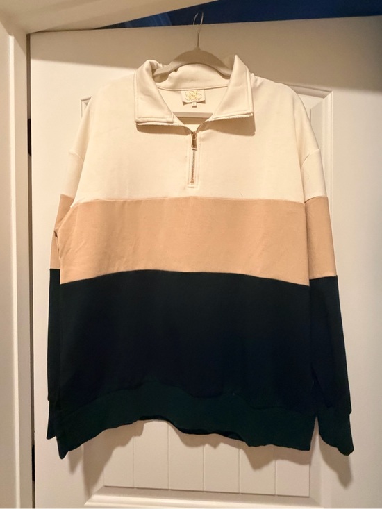 SSYS Tops - Women's Colorblock Half-Zip Pullover Sweatshirt - Cream, Tan & Dark Green